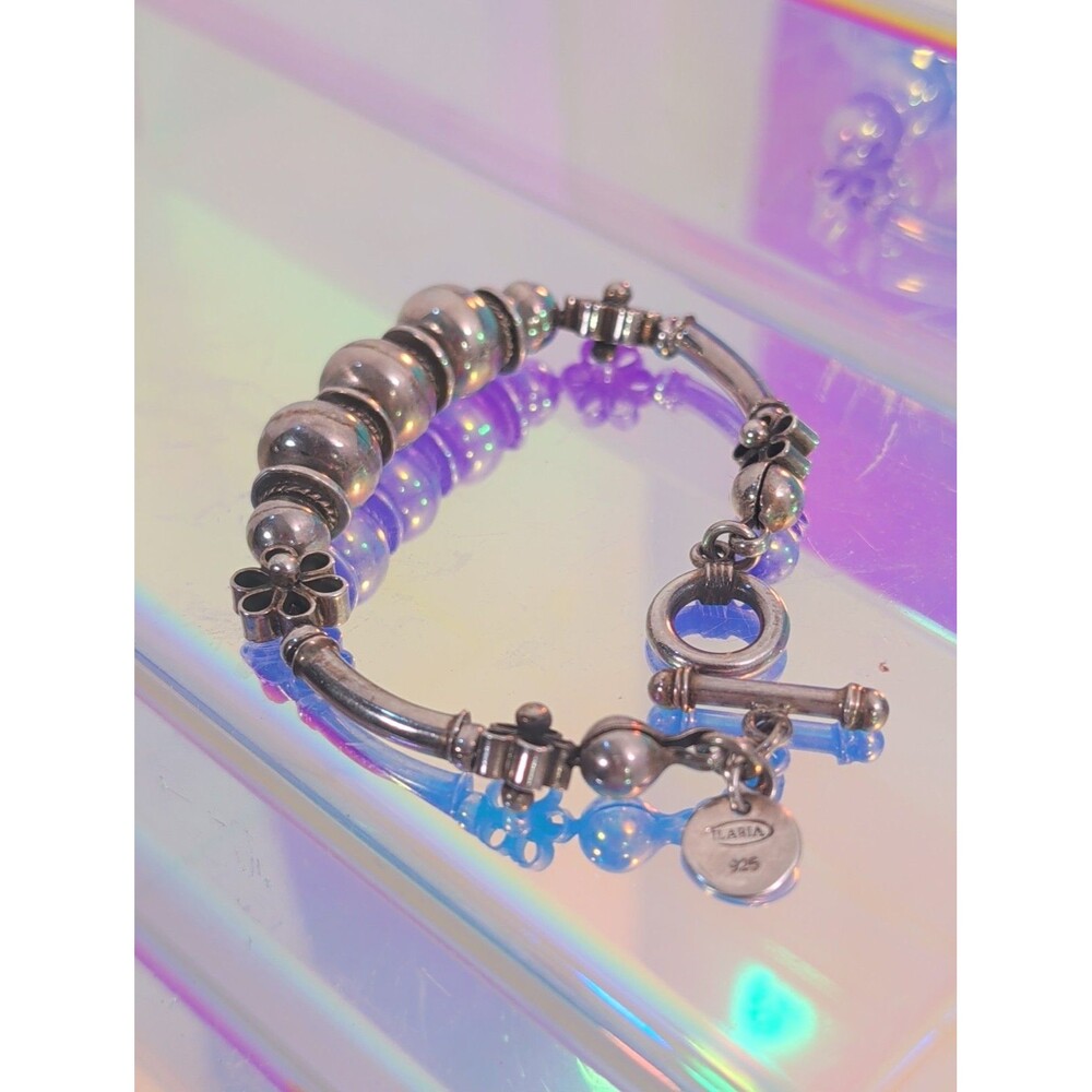 Vintage 1990s ILARIA 925 Sterling Silver Floral Bead Bracelet Toggle Peru 29g